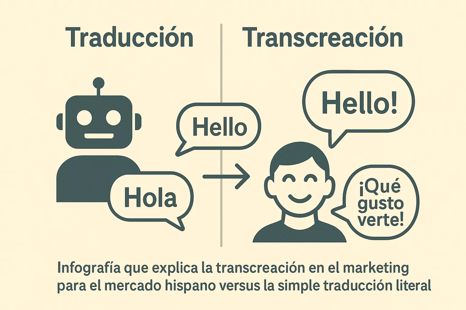 Infografía que explica la transcreación en el marketing para el mercado hispano versus la simple traducción literal 1