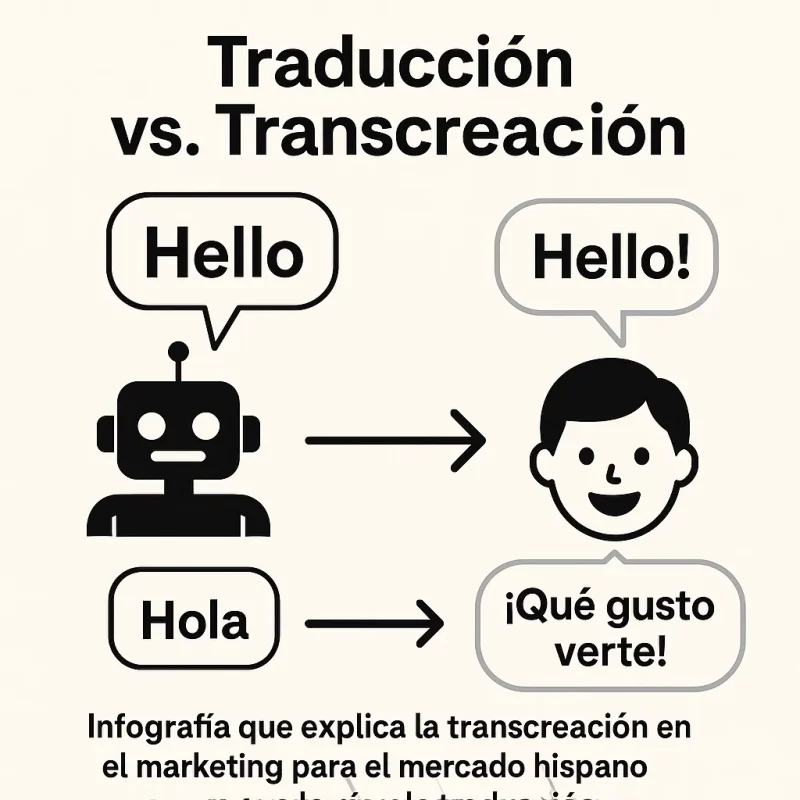 Infografía que explica la transcreación en el marketing para el mercado hispano versus la simple traducción literal 1
