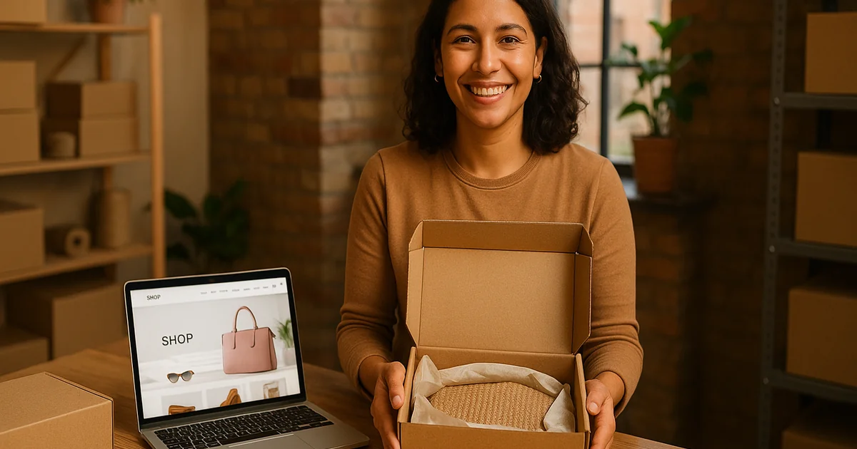 Checklist sobre cómo lanzar una tienda online: emprendedor latino preparando un pedido para su e-commerce.