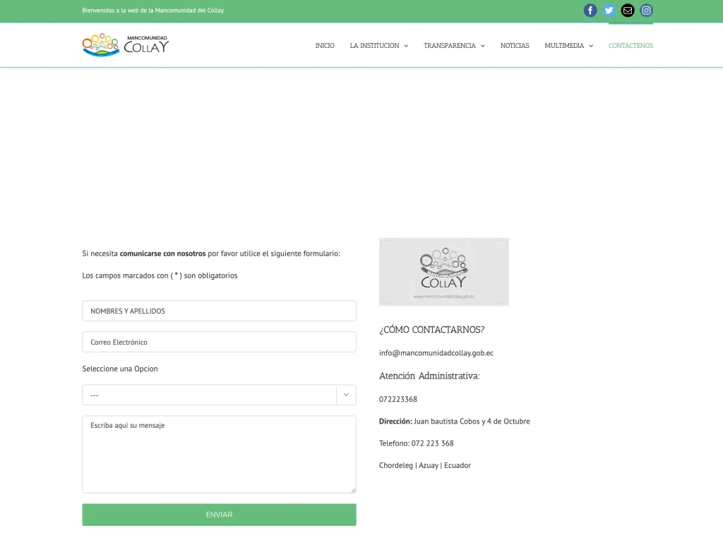 Página de Contacto de la Mancomunidad del Collay con formulario y datos de ubicación.
