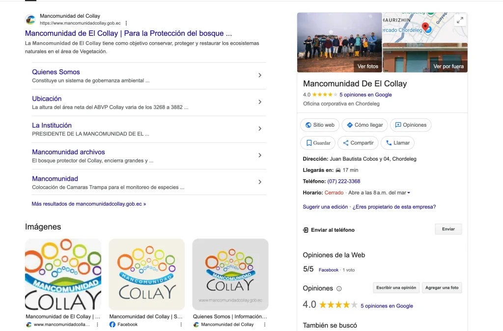 Perfil de Google My Business de la Mancomunidad del Collay en los resultados de búsqueda. Posicionamiento SEO.