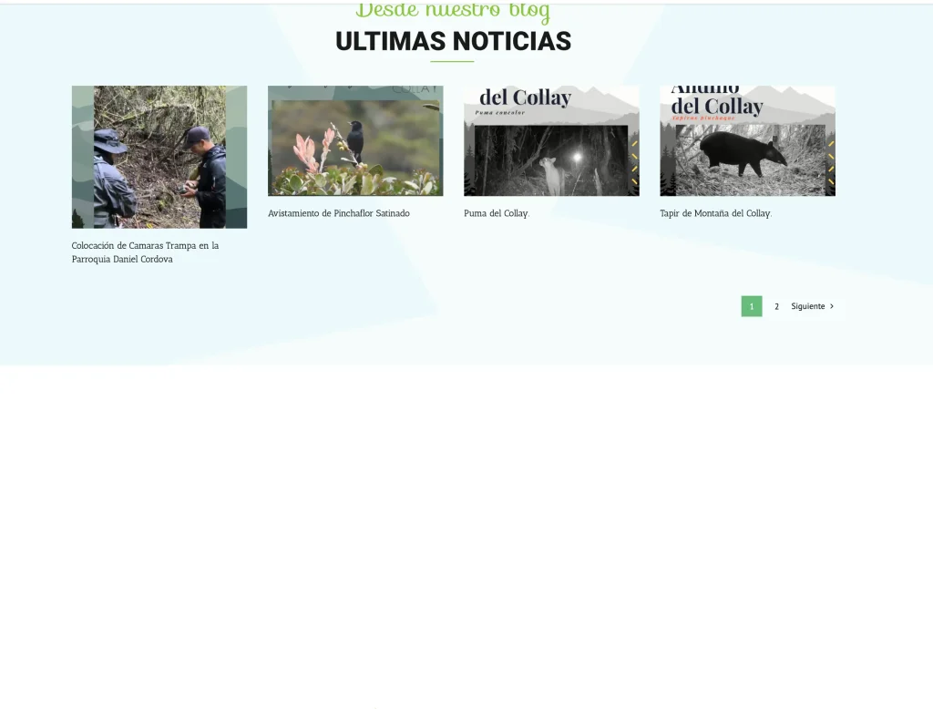 Sección de "Últimas Noticias" sobre cámaras trampa, avistamientos de fauna (Puma, Tapir).