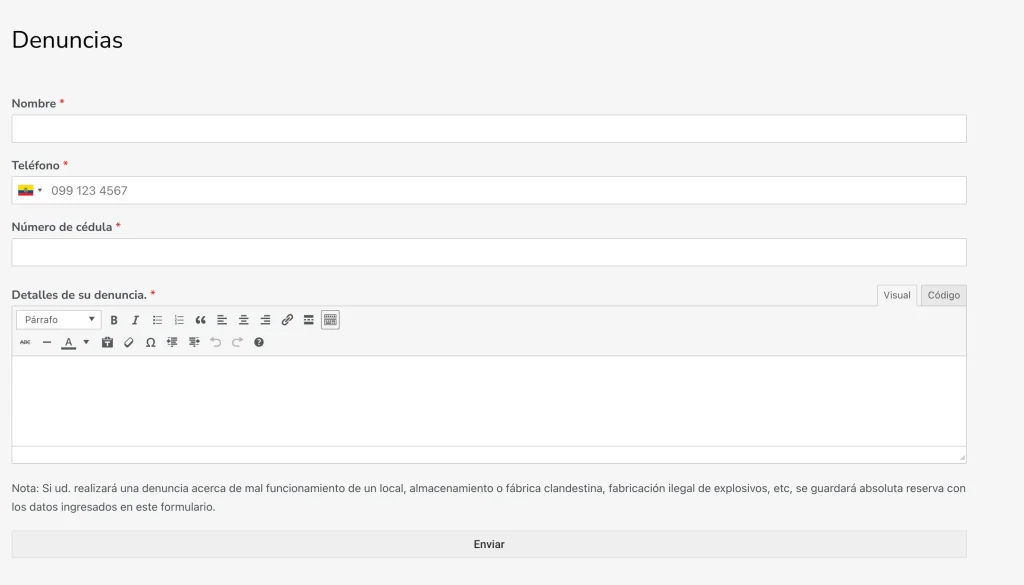 Formulario de Denuncias del portal de seguridad ciudadana LOTAIP.
