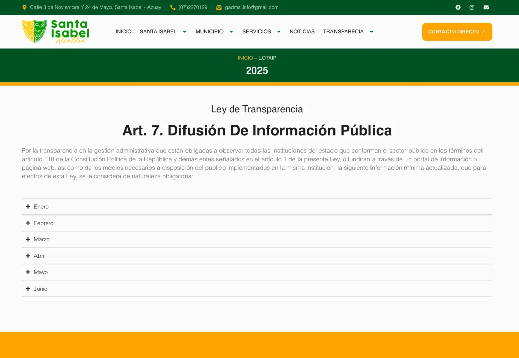 Módulo de Ley de Transparencia LOTAIP Artículo 7. Difusión de Información Pública por meses.