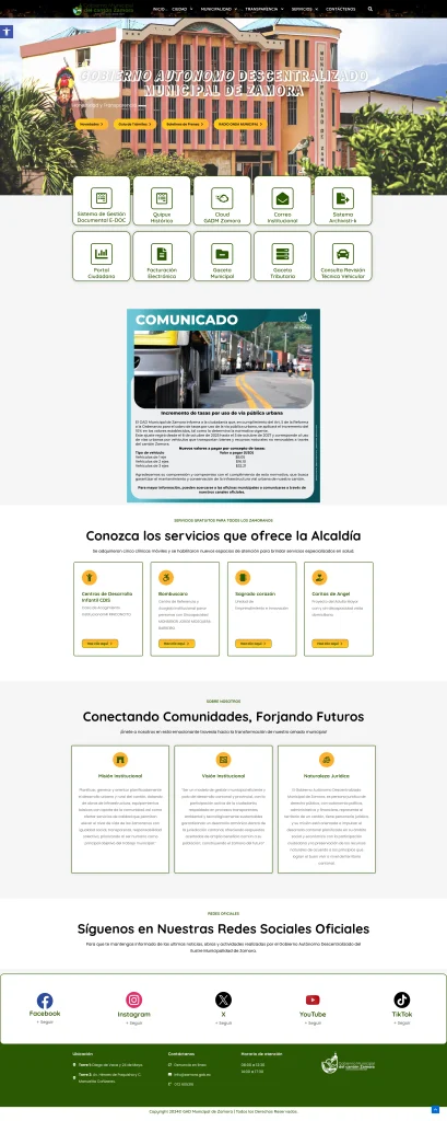 Desarrollo web gobiernos locales - Home page del portal del Municipio de Zamora con acceso rápido a trámites.