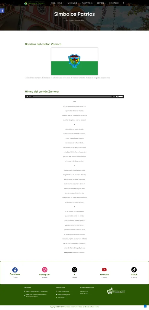 Página de Símbolos Patrios del cantón Zamora. Integración de contenido cultural en web municipal.