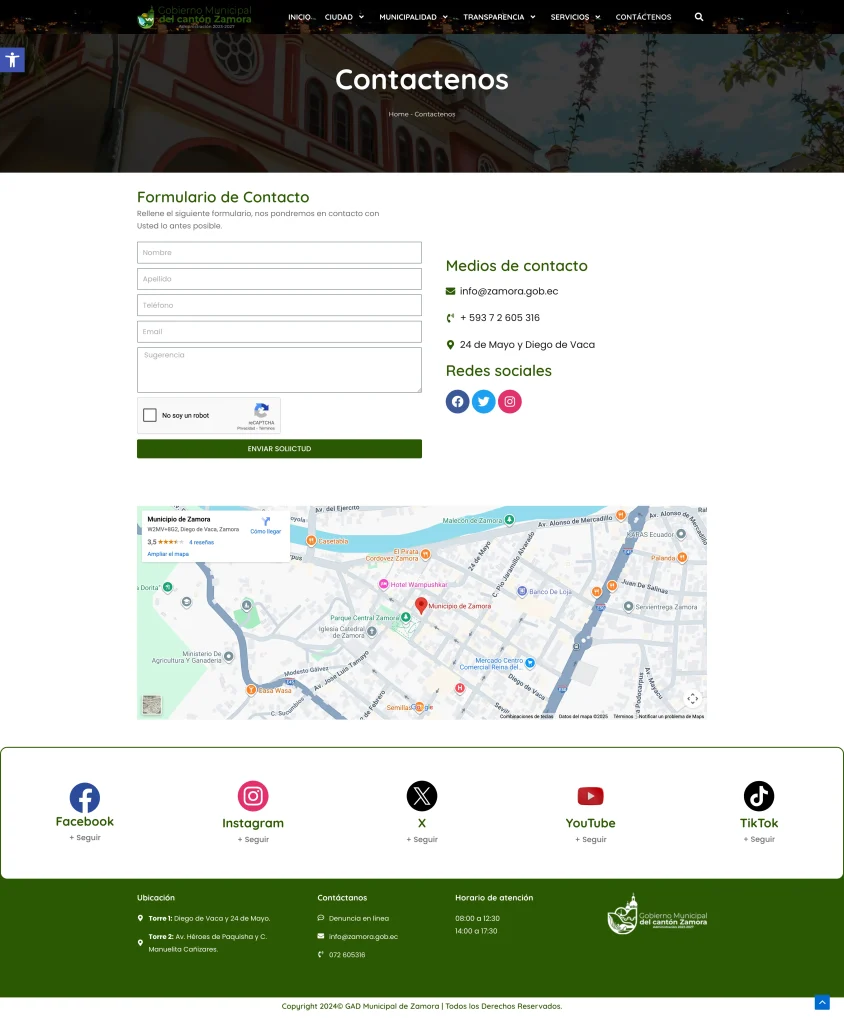 Formulario de contacto profesional para el GAD de Zamora con mapa de Google Maps y datos multicanal.