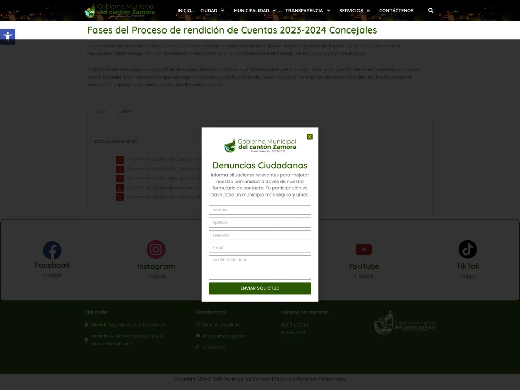 Interfaz de Denuncias Ciudadanas en el portal de Zamora. Componente de participación.