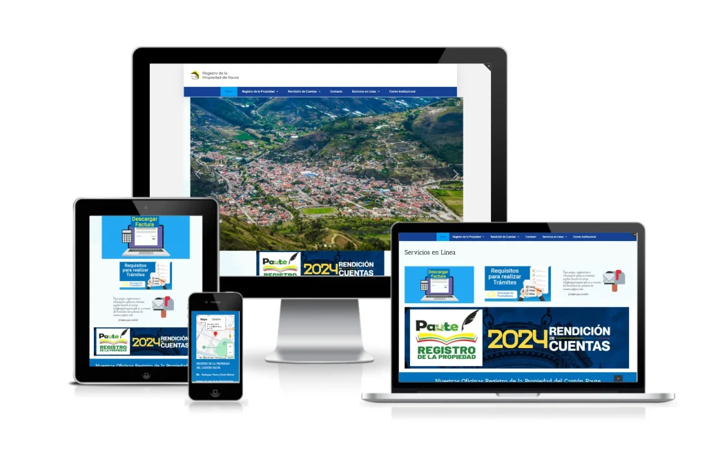 Mock-up responsive de la plataforma Registro de la Propiedad de Paute. Ejemplo de web notaría digital Ecuador.