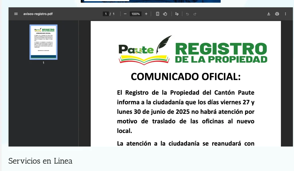 Comunicado Oficial en PDF sobre traslado de oficinas. Migración de archivo a portal web.