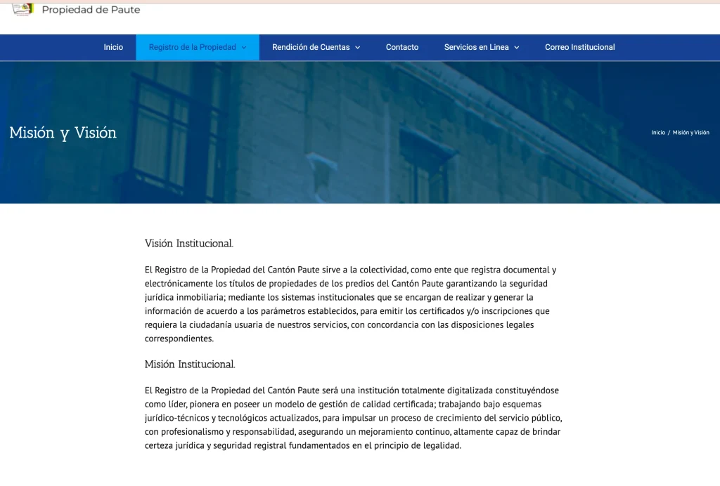 Valores Institucionales del Registro de la Propiedad de Paute (Puntualidad, Transparencia).