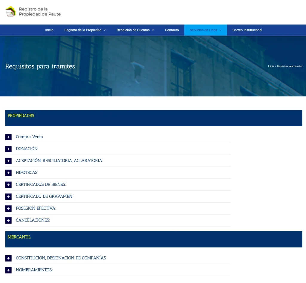 Formulario de Contacto y datos de Atención Administrativa del Registro de Paute.