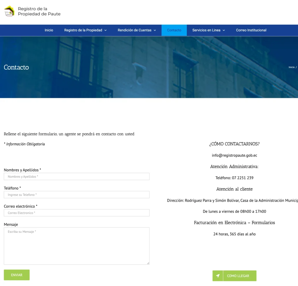 Formulario de Contacto y datos de Atención Administrativa del Registro de Paute.