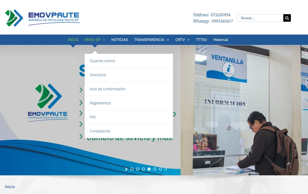 Home Page de la página web EMOV PAUTE y menú de navegación (EMOV EP, Transparencia, CRTV).