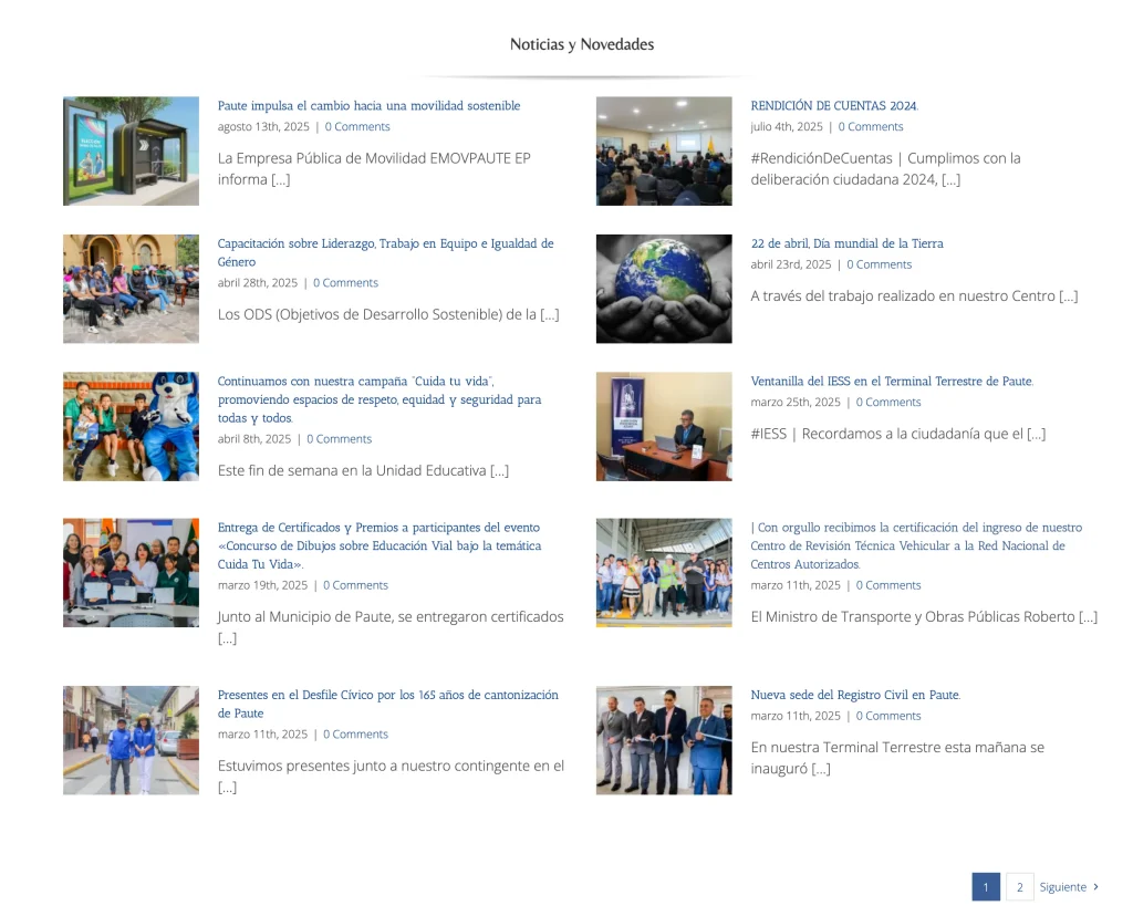 Sección de Noticias y Novedades de la página web EMOV PAUTE. Comunicación institucional.
