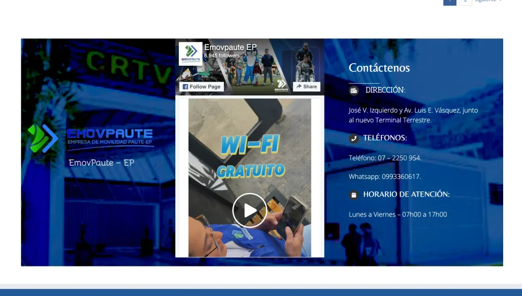 Sección de Contacto de la página web EMOV PAUTE, con dirección y teléfonos del Terminal Terrestre.