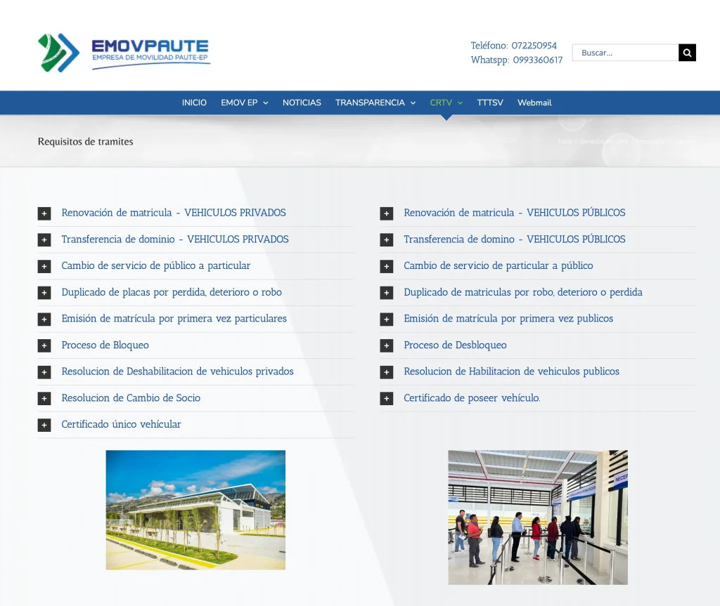 Requisitos para trámites vehiculares (Renovación, Transferencia) en la página web EMOV PAUTE.