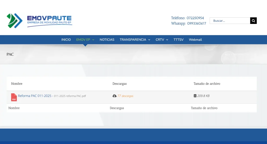 Descarga del PAC (Plan Anual de Contrataciones) de EMOV PAUTE EP. Transparencia LOTAIP.