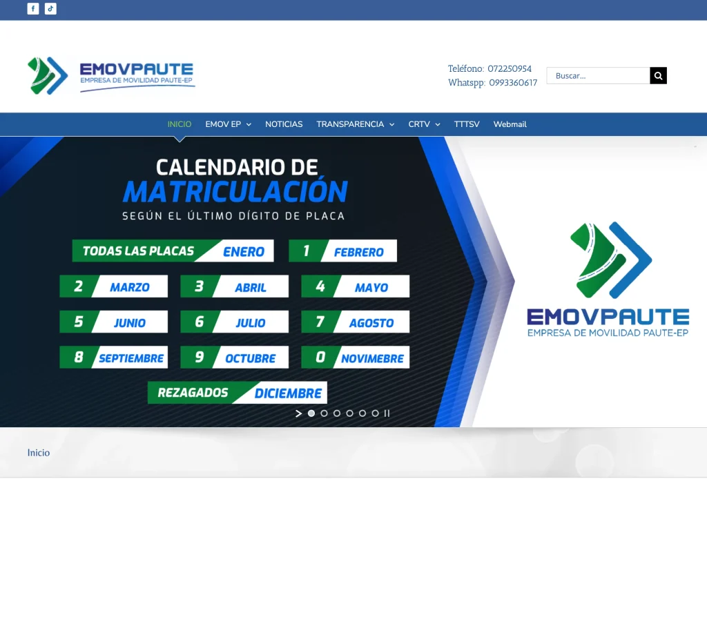 Mock-up responsive de la página web EMOV PAUTE. Ejemplo de web agencia de tránsito eficiente.