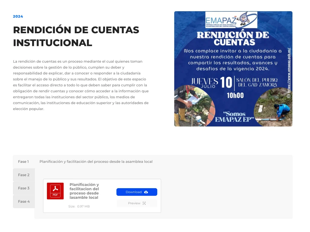 Sección de Rendición de Cuentas Institucional de Emapaz 2024. Solución LOTAIP.