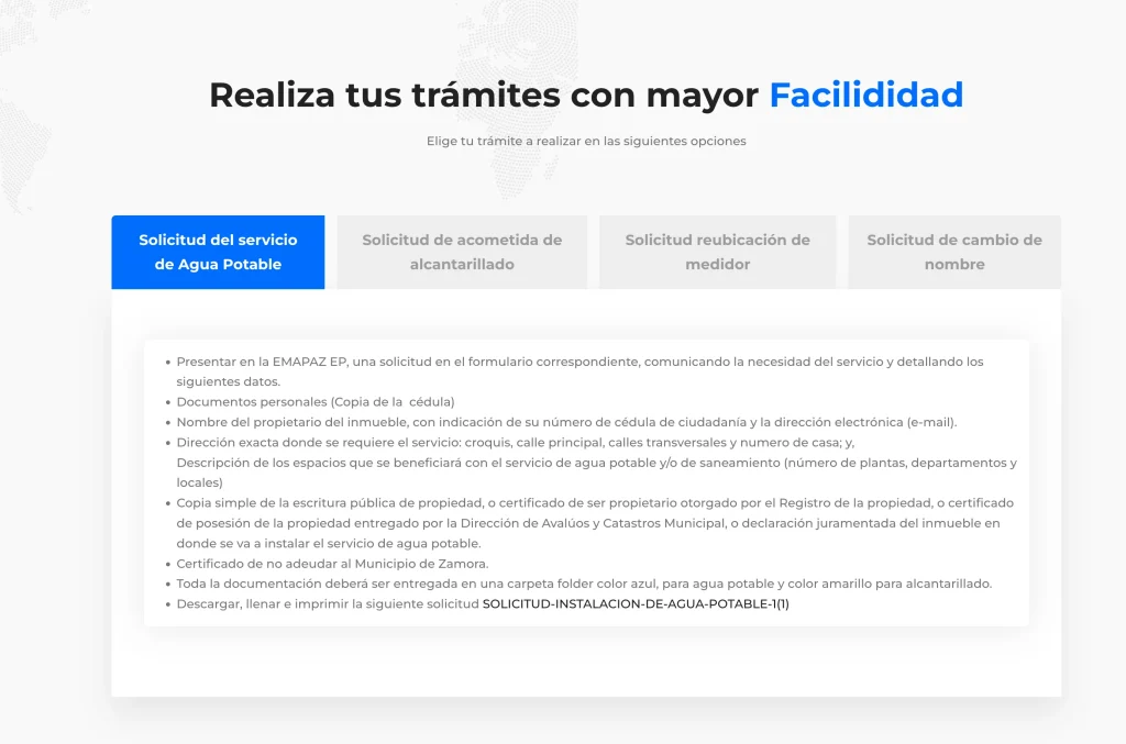 Requisitos para Solicitud de Servicio de Agua Potable en el sitio web Emapaz.