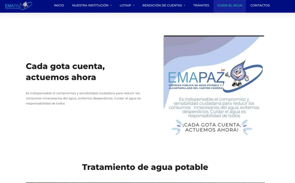 Banner "Cada gota cuenta, actuemos ahora" del sitio web Emapaz.