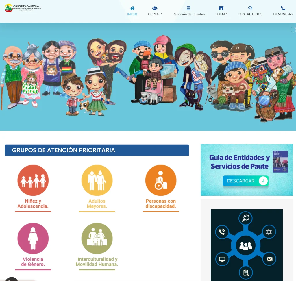 Home Page de la web Consejo Cantonal de Protección de Derechos de Paute. Muestra Grupos de Atención Prioritaria.