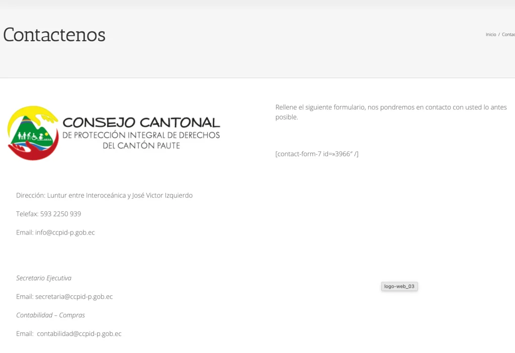 Página de Contacto del CCPID Paute con dirección, teléfono y correos electrónicos.