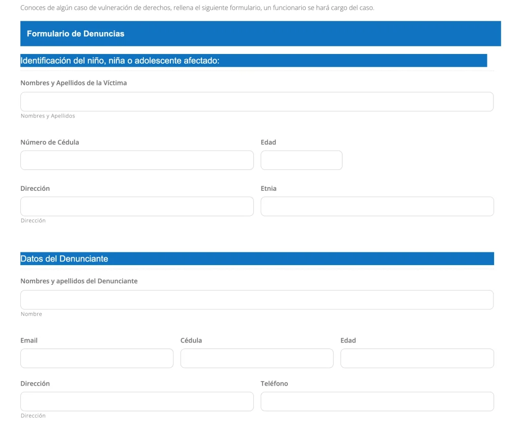 Formulario de Denuncias confidencial para niños, niñas o adolescentes afectados.