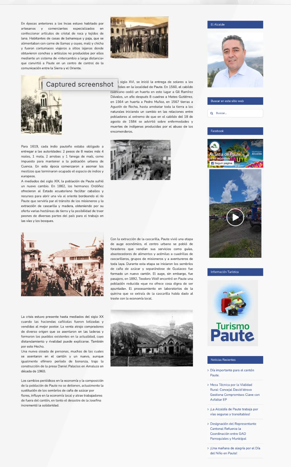 web gad municipal Paute Historia del cantón Paute y reseña histórica. Integración de texto e imágenes históricas.