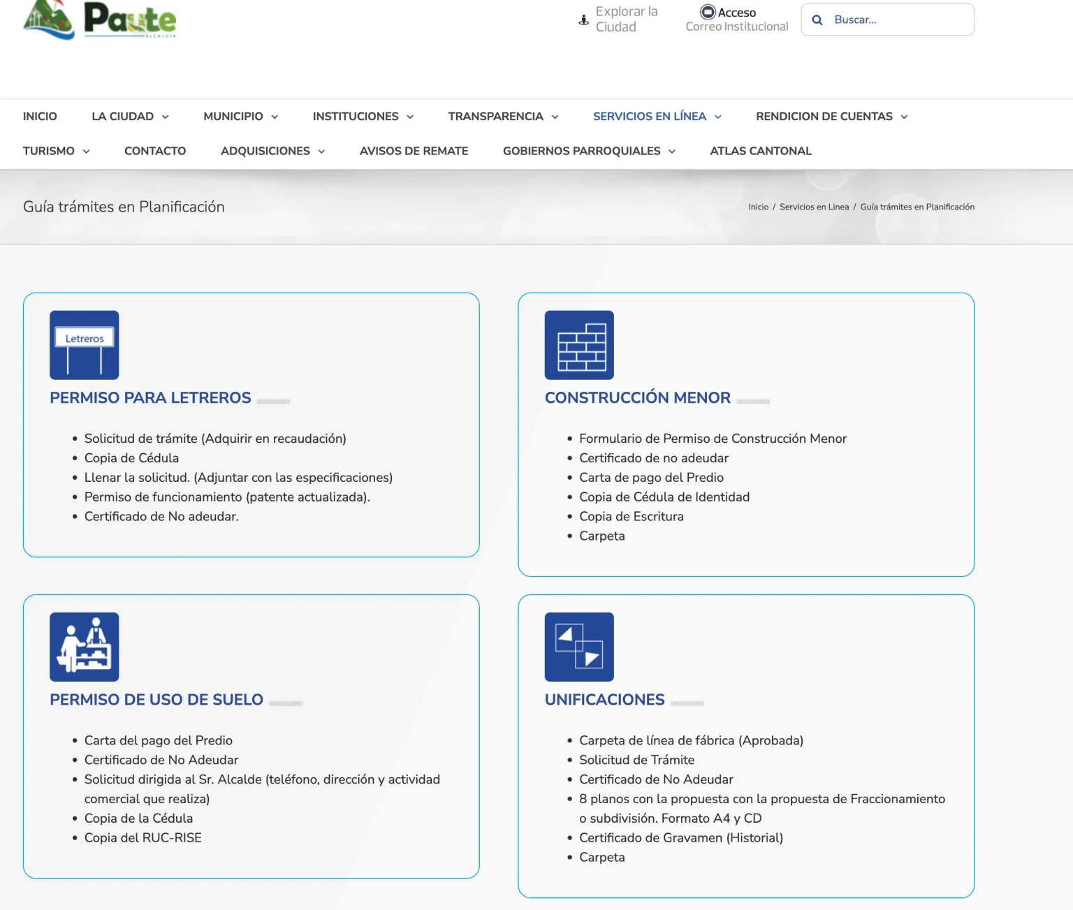 Plataforma trámites en línea Paute - Módulo de Guía de Trámites en la web GAD municipal Paute.