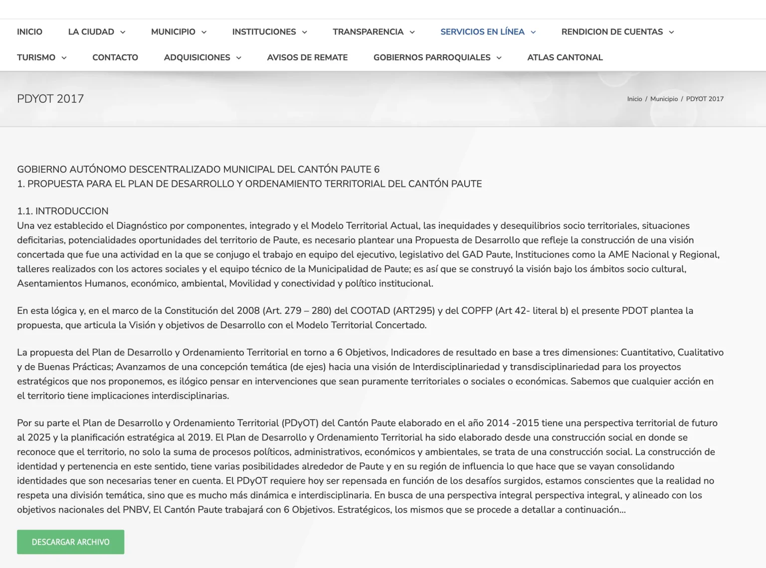 Migración de PDYOT 2017 a la web GAD municipal Paute. Organización del Plan de Desarrollo y Ordenamiento Territorial.
