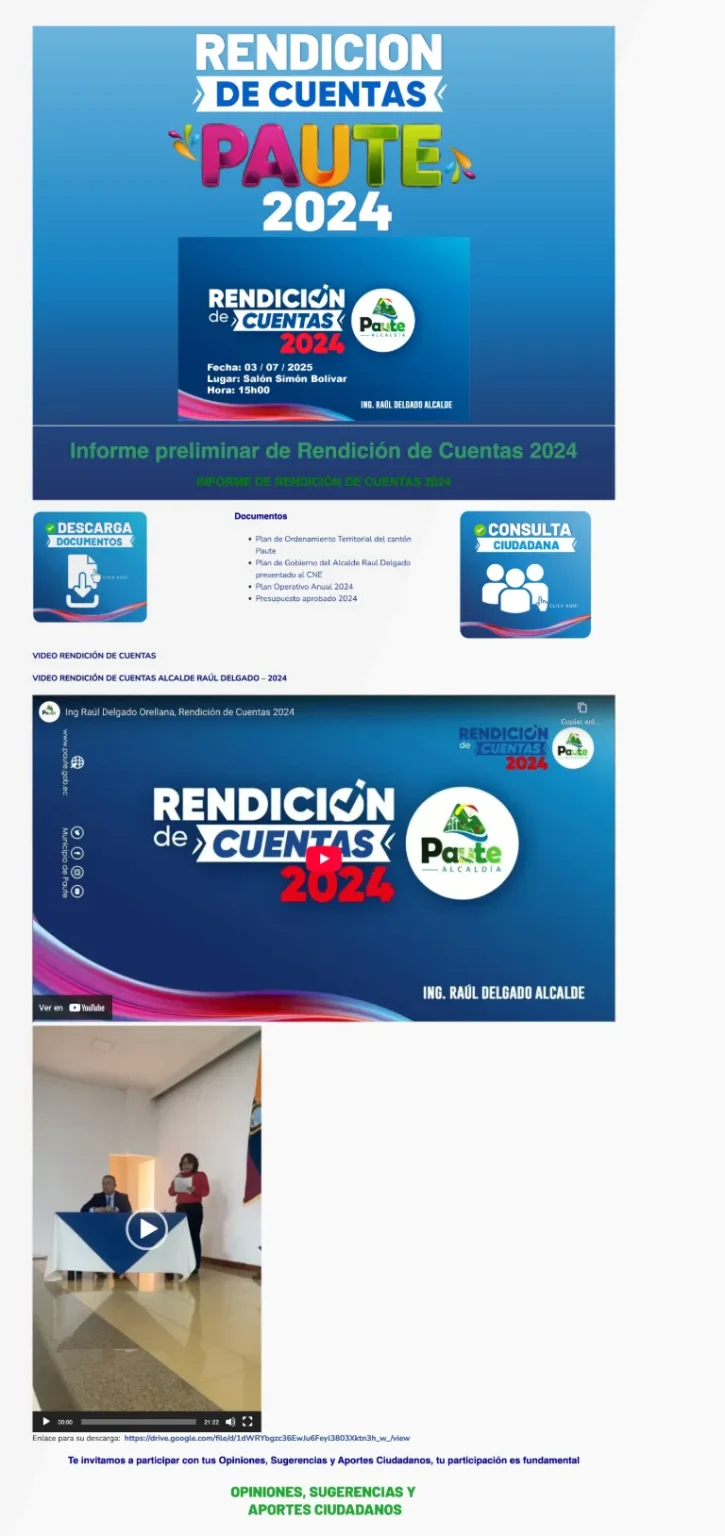 Módulo Rendición de Cuentas de la web GAD municipal Paute (LOTAIP). Vídeo y documentos del Informe Preliminar 2024.