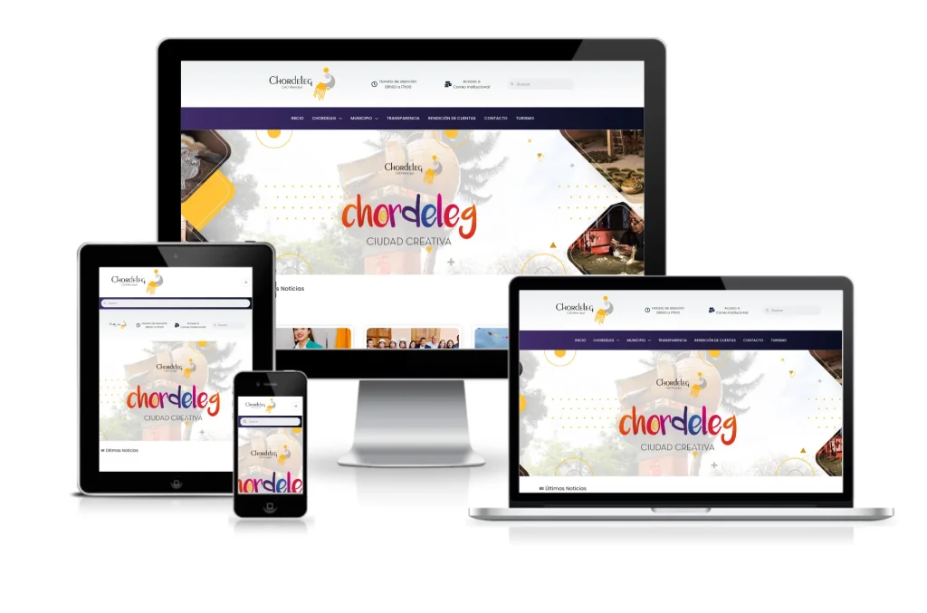 Mock-up del diseño responsive de la web GAD municipal Chordeleg. Muestra la accesibilidad móvil y la integración LOTAIP.
