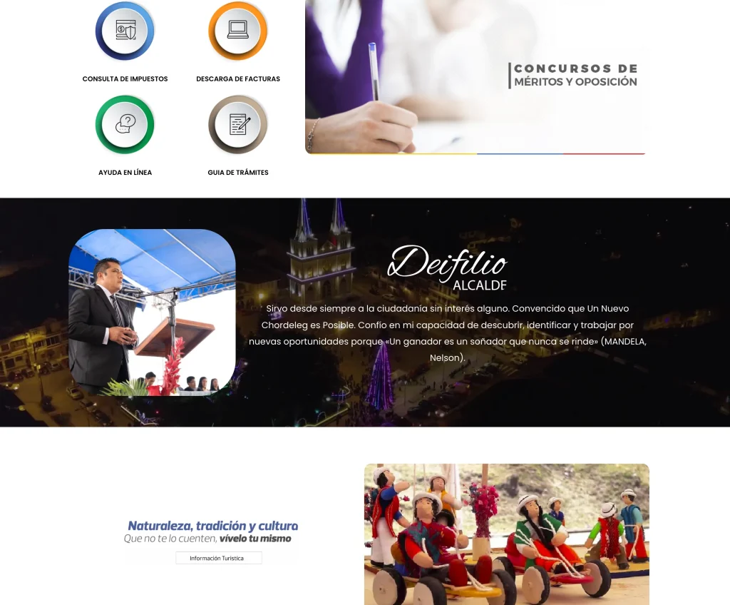 Módulos de consulta de impuestos, guía de trámites y perfil del Alcalde en la web GAD municipal Chordeleg.