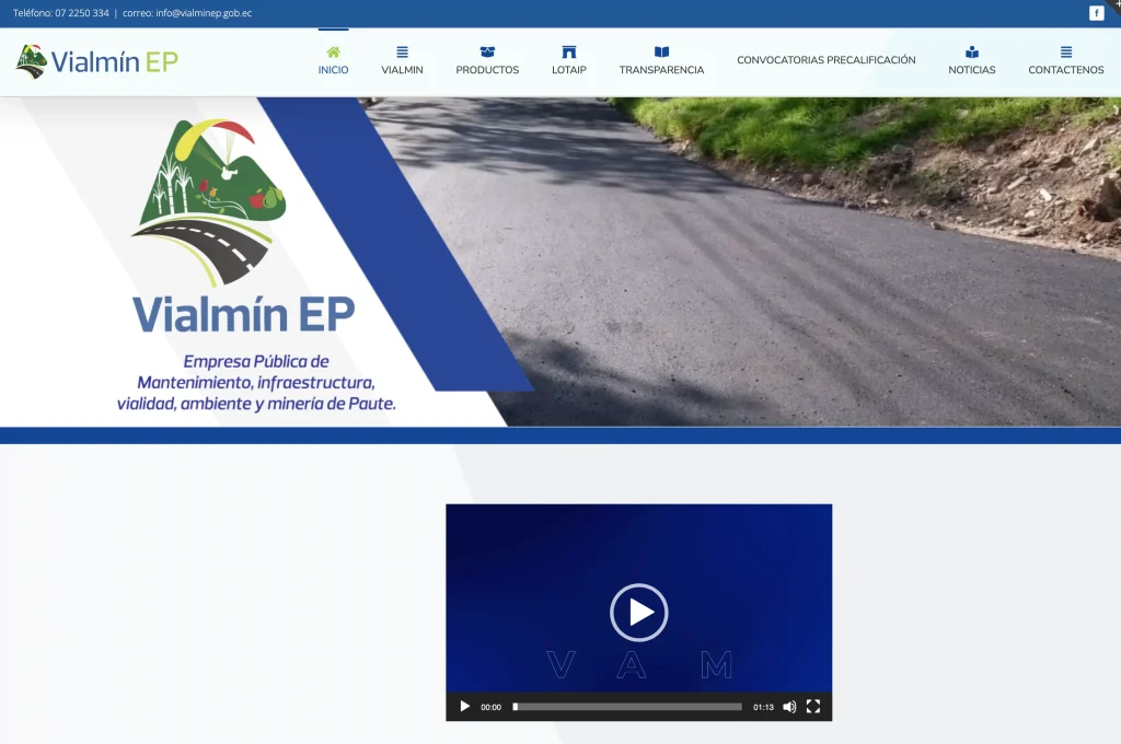 Encabezado de la web Vialminep Transparencia con logo y video corporativo de gestión vial.