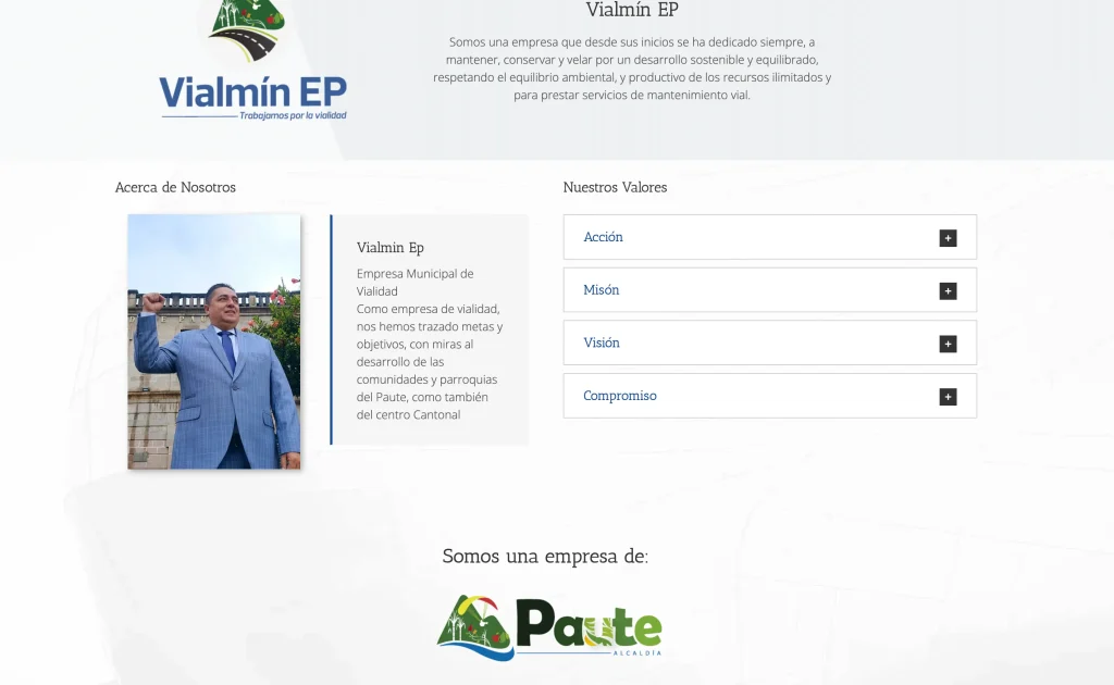 Sección "Acerca de Nosotros" de la web Vialminep Transparencia con Misión y Visión.