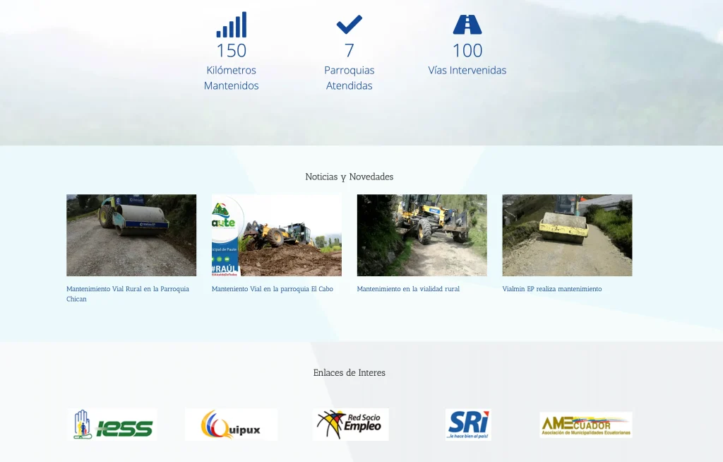 Métricas de gestión (150km, 7 parroquias) y noticias de mantenimiento vial.