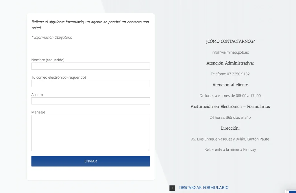 Formulario de contacto y datos de atención al cliente de la web Vialminep Transparencia.