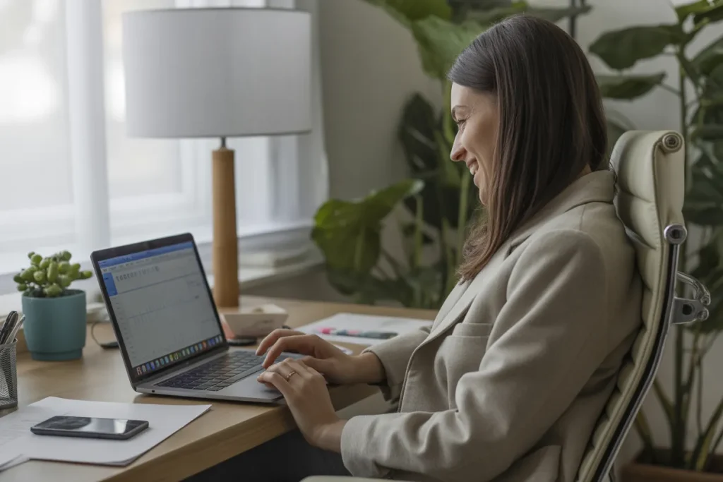 Mujer planificando sus aportaciones voluntarias en una computadora. (KS)