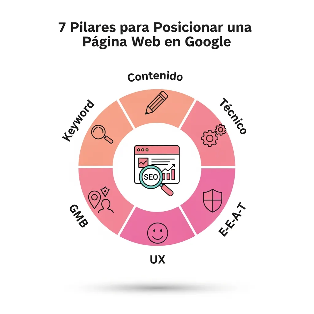 Diagrama de los 7 pilares para posicionar pagina web en google: Keyword, Contenido, Técnico, GMB, UX, E-E-A-T, Enlaces.
